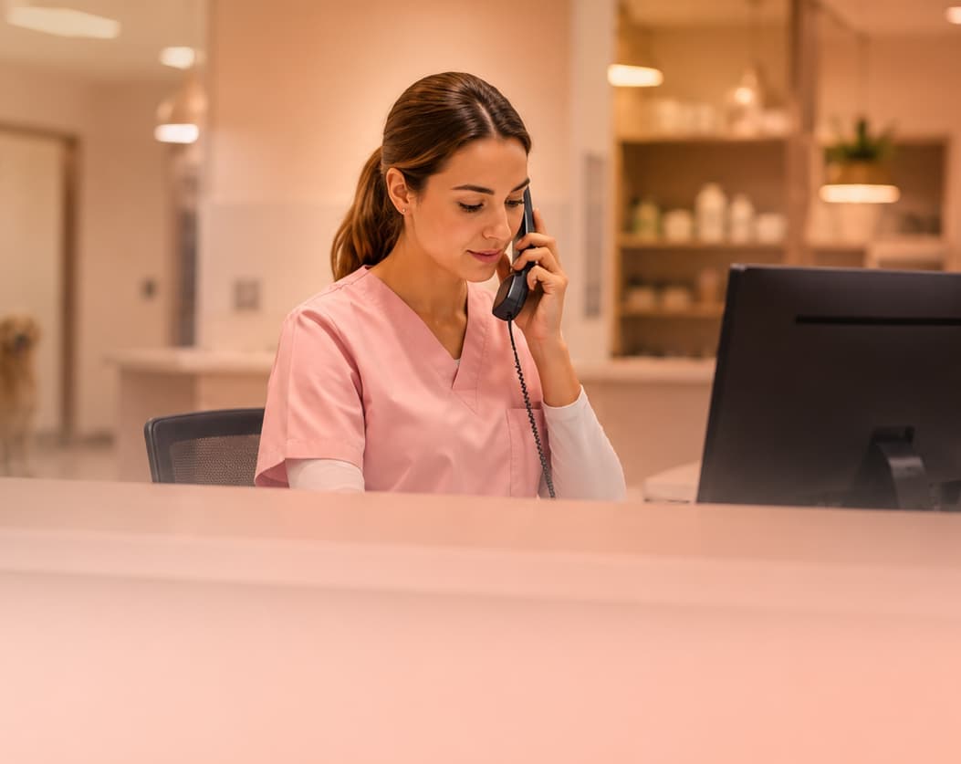 A veterinary receptionist taking a call at the front desk